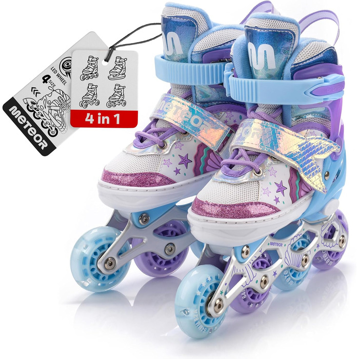 Дитячі ролики 4-в-1 Meteor Mermaid – регульовані, ABEC-7, PU-колеса, алюмінієвий фрейм, розміри XS-M