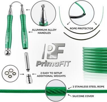 Скакалка PrimaFIT для дорослих, професійна швидкісна, 3 м, з регульованою довжиною, обтяжувачами, 2 підшипниками, антиковзкими ручками, для боксу, MMA, кросфіту, сталевий трос, чохол, зелена