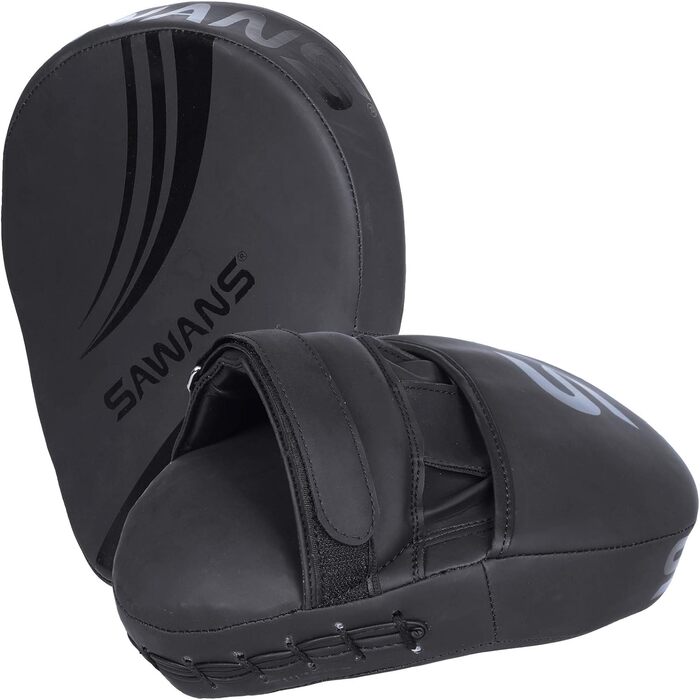 SAWANS® Box Fokus Pads з гаками та рукавичками для удару, штучна шкіра, кікбоксинг, MMA, вигнута рука, щит для ударів, цільові подушки, бойовий спорт, тренування Муай-Тай (матова чорна)