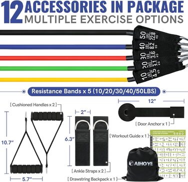 Резинки для фітнесу Aihoye з ручками, набір 12 шт. (4.5-68 кг), для фітнесу, реабілітації та силових тренувань