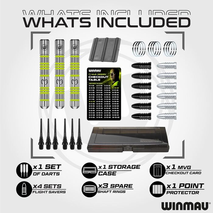 Подарунковий набір дартсу Winmau Michael Van Gerwen MvG, 50 елементів: 4 комплекти стрижнів, 4 комплекти оперень, аксесуари, Softip