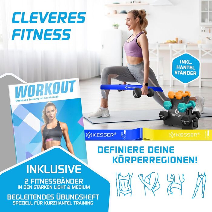 Набір гантелей KESSER® 18 кг з підставкою, 3 пари (1-5 кг), неслизьке неопренове покриття, з інструкцією та фітнес-гумками