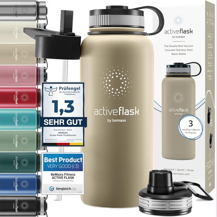 Термос пляшка з нержавіючої сталі ACTIVE FLASK 950 мл, ізольована, з трубочкою, 3 кришки, BPA-free, для газованої води, для спорту, велосипеда, дітей, чаю, бежевого кольору
