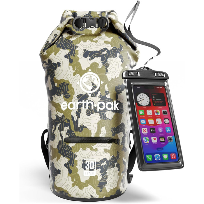 Водонепроникний рюкзак Earth Pak Dry Bag 30L – для каякінгу, кемпінгу, риболовлі, рафтингу (оливковий, камуфляж)