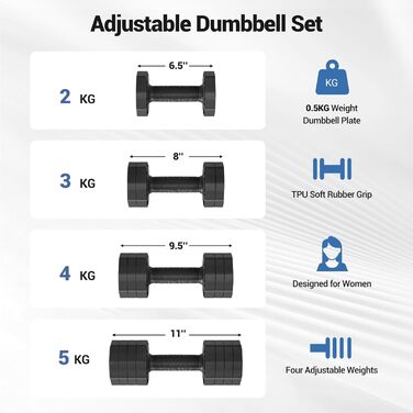 Набір гантелей Yoleo регульований 2/4 шт. для дому, 2 кг, 3 кг, 4 кг, 5 кг, з м'яким TPR-покриттям, для тренувань всього тіла, чорний