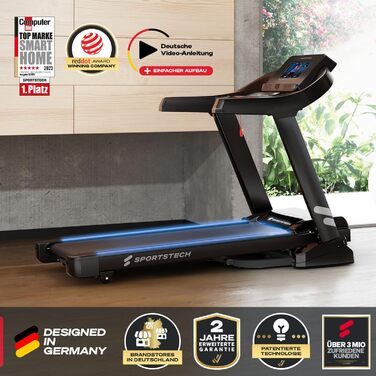 Біговий тренажер Sportstech F37s Pro: складаний, до 20 км/год, 7PS, регулювання нахилу, 150 кг, з підключенням до APP, сертифікований TÜV