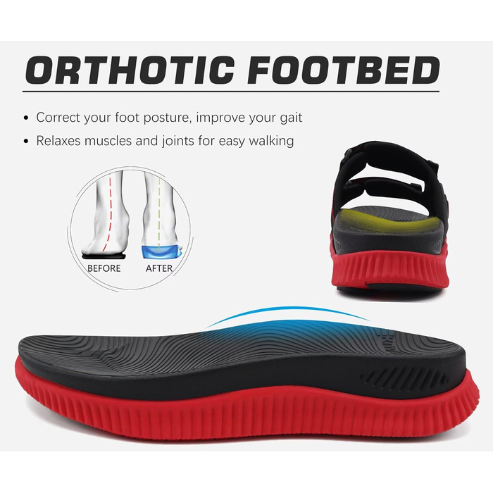 Чоловічі спортивні сандалі KuaiLu з м'якою устілкою, літні шльопанці на липучці (Чорно-червоні, 46 EU)