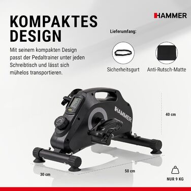 Магнітний тренажер для ніг HAMMER Pedaltrainer — міні-велотренажер для дому та офісу з дисплеєм, 8 рівнями навантаження, килимком та ременями безпеки