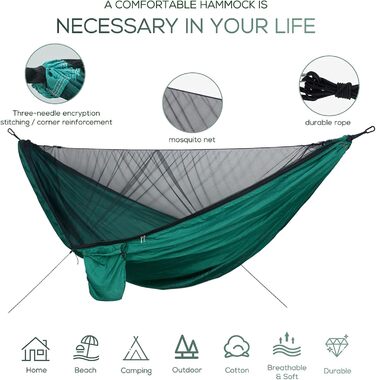 Гамак Sendowtek Outdoor з москітною сіткою, 290 x 140 см, нейлон парашутного типу, вантажопідйомність 300 кг, ультралегкий гамак для подорожей, кемпінгу, балкону, патіо, саду (армійний зелений)