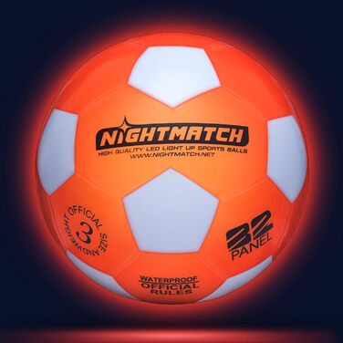 Світлодіодний футбольний м'яч NIGHTMATCH, офіційний розмір 3, для дітей, набір з 2 LED, сенсорний, світиться в темряві, біло-оранжевий