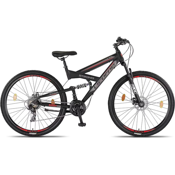 Гірський велосипед Licorne Bike Strong 2D Premium 29 дюймів, чорний/червоний, дискові гальма, 21 швидкість, повна амортизація для юнаків, дівчат, жінок і чоловіків