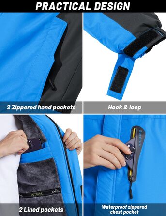 TACVASEN чоловіча тепла зимова куртка з капюшоном, водонепроникна, функціональна, блакитна