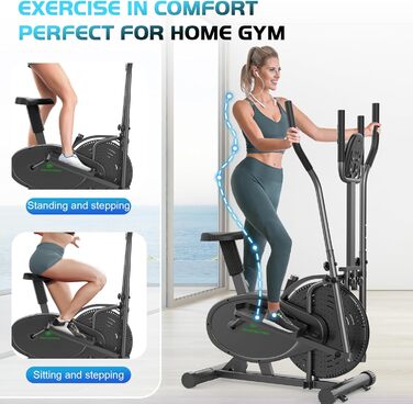 Еліптичний тренажер 2 в 1 з функцією степпера для дому, чорний. З LCD-монітором та регулюванням опору.