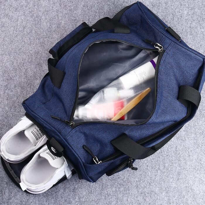 Персоналізована спортивна сумка для подорожей з вишивкою, індивідуальний напис, відділення для взуття та вологих речей (Синя)