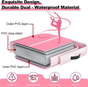 Гімнастичний надувний мат (килимок) 2м/3м/4м/5м/6м, 10см, для фітнесу, йоги, танців, рожевий, з насосом, для дому