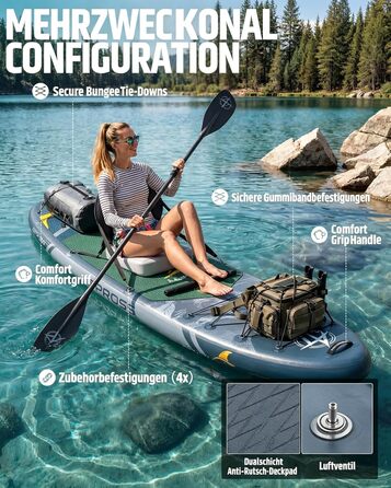 SUP дошка 366x92 см, сіра - надувний сапборд для йоги, риболовлі та серфінгу (до 240 кг) з сидінням та комплектом аксесуарів
