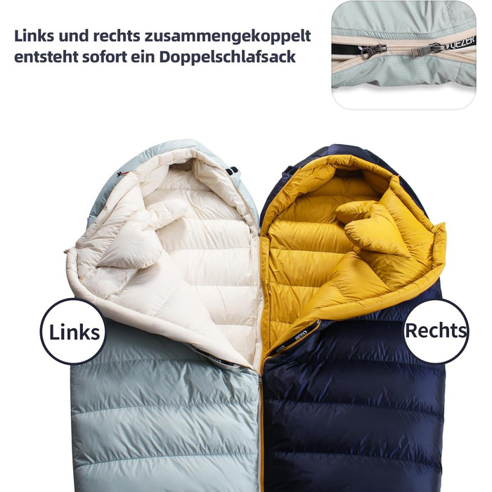 Спальний мішок зимовий Daunenschlafsack з графеновим покриттям, -24°C, 620FP, 1500г пуху, для кемпінгу, трекінгу, гірських походів (світло-зелений)