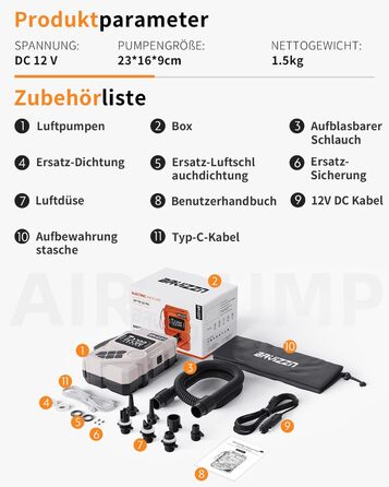 Електричний насос для SUP-дошки 12V DC 22PSI з Type-C, 7 насадок (HELLERE GRAU)