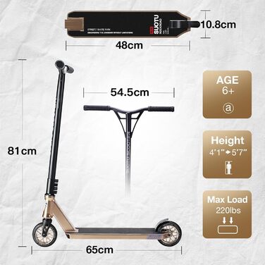 SUOTU Станкер для трюків, професійний, 360° кермування, роликовий скейтборд з колесами 110 мм 85A PU, для дітей, підлітків та дорослих, вантажопідйомність 100 кг, алюміній (чорний – білий золотий)