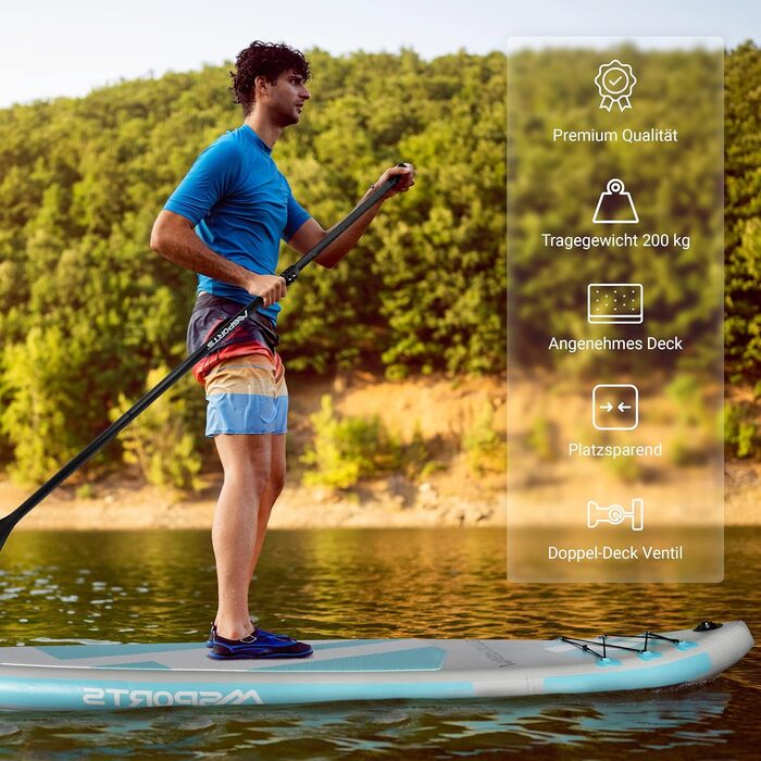 Надувна SUP-дошка MSPORTS з аксесуарами: регульоване весло, якісний насос, 2 веслових стрижні, водонепроникний чохол для смартфона, багатофункціональна сумка, сіро-синя
