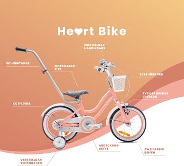 Дитяче велосипед Sun Baby Heart Bike 14 дюймів для дівчаток 2-6 років, знімний ручка-штовхач, кольоровий (Абрикос)