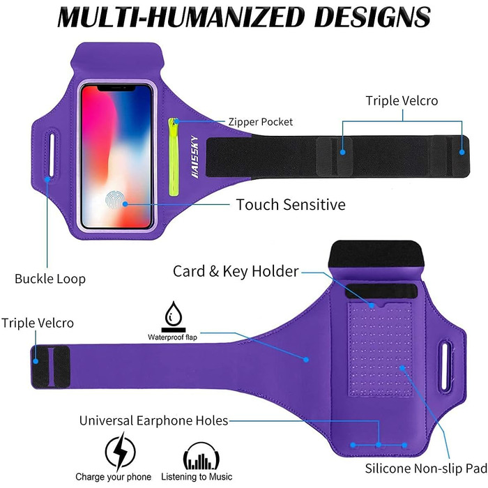 Спортивний браслет на руку для бігу з навушниками та кишенькою для ключів, фіксатором для телефону, з відділенням для карт - сумісний з iPhone 17/16/15/14/13/12/11 Pro Max/Plus, фіолетовий (до 6.9 дюймів)