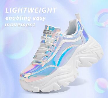 Кросівки жіночі LUCKY STEP Chunky на платформі, білі голографічні (42 EU) - зручні кеди на підборах