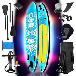 Надувний SUP Board BRAST з LED-підсвічуванням | Комплект для станд-ап паддлінгу | 320x81x15 см | 4 дизайни | LED-підсвічування 10 кольорів | 5 років гарантії | 2в1: весло + сидіння для каяка | Тримач для Action-Cam | Петля для ноги (Summer Petrol)