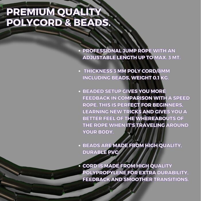 Стрибкове канат Elevate Rope Professional з перлами, 3м, регульований, полісний шнур, для фрістайлу, кардіо та трюків, для всіх рівнів, чорний