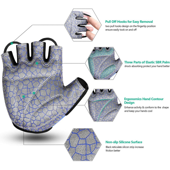 Рукавички для велосипеда чоловічі/жіночі літні - рукавички напівпальці для їзди на велосипеді, відпочинку, MTB, шосе, даунхілу, щоденних поїздок, велотуризму, каякінгу, роликів, вітрильного спорту, греблі. Колір: синій, розмір: M