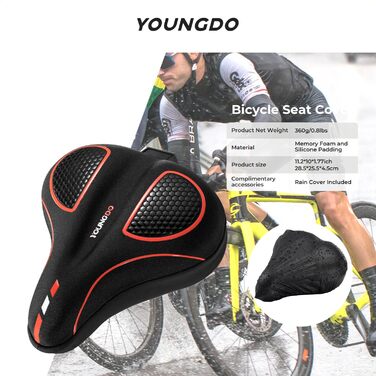 Покриття для велосипедного сидіння YOUNGDO, ергономічний гелевий чохол, м'яка та комфортна підставка для сидіння велосипеда з дощовим захистом, для жінок та чоловіків (червоний, широкий)