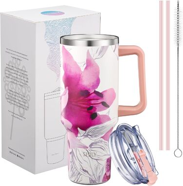 THILY Термопляшка з нержавіючої сталі з кришкою та трубочкою, 1180 мл, спортивна термопляшка з широким горлом, подвійні стінки, зберігає напої холодними або теплими цілий день, колір Лаванда (P40 - Квітка Лотоса, Модель A: Міцний ручка + Компактна основа)