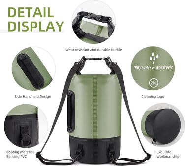 Водонепроникний мішок-сумок Dry Sack 20 л Roll-Top від GES, з кишенею для телефону, для каякінгу, човнів, походів, каное, рафтингу, плавання, кемпінгу та риболовлі (армійний зелений)
