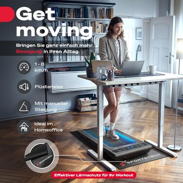 Біговий доріжки Sportstech sWalk для дому, Walking Pad, 1-8 км/год, під стіл, нахил 11,5%, тиха, з підпискою на додаток, вантажопідйомність 120 кг, компактна, LCD дисплей, для дому, колір сірий дуб