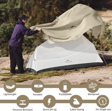 Намет Naturehike Cloud Up Pro для кемпінгу, 1 особа, легкий, водонепроникний, для трекінгу та подорожей (Хакі, 20D)