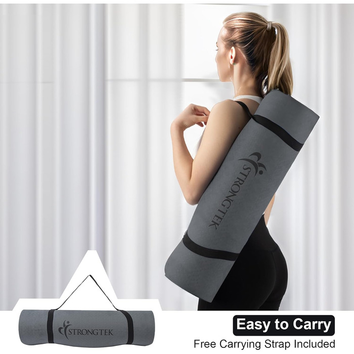 Килимок для йоги StrongTek TPE 183x61x0,6 см, нековзкий, легкий, з ременем для перенесення, для йоги, пілатесу та фітнесу, чорний/сірий