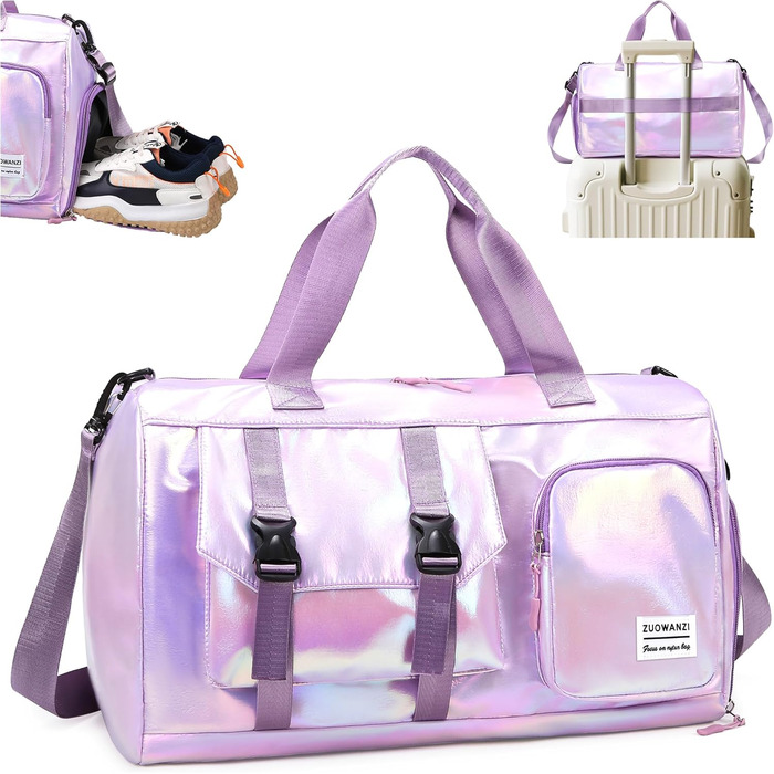 Спортивна сумка Tokeya для жінок з відділенням для взуття та мокрою одежі, водонепроникна, з блискітками, легка, складна, для занять спортом, фітнесом, тренувань, подорожей (фіолетова)