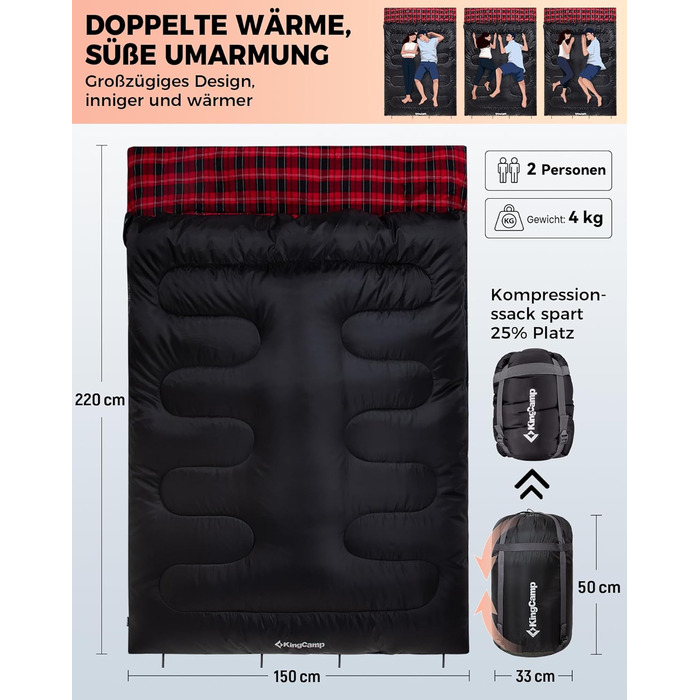 Спальний мішок KingCamp на 2 особи з фланнелю для зими, 3-4 сезони, з подушками, для кемпінгу та відпочинку на природі (чорний)