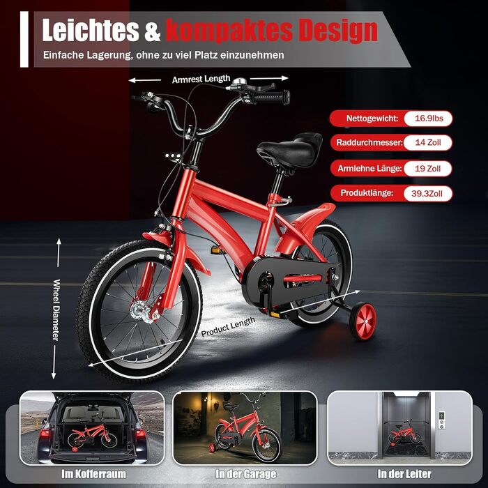 Дитяче велосипед 14 дюймів: для хлопчиків та дівчаток 3-6 років, з додатковими колесами, регульоване сидіння та кермо