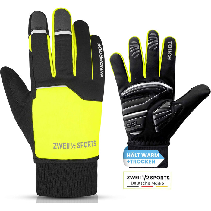 Велосипедні рукавички чоловічі зимові, вітронепроникні, водостійкі, утеплені, з підкладкою, з антиковзаючою поверхнею, терморукавички, чорні (S, жовтий)