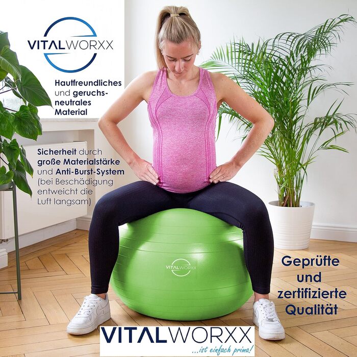 Гімнастичний м'яч VITALWORXX для вагітних 75 см, зелений, надзвичайно міцний, з насосом та вправами для вагітності, пологів і здоров'я, фітнес-йога-пеззібол