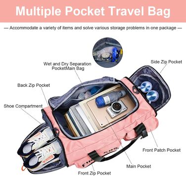 Спортивна сумка Flintronic 65L для тренувань та подорожей з відділенням для взуття та мокрих речей, функція рюкзака, рожева