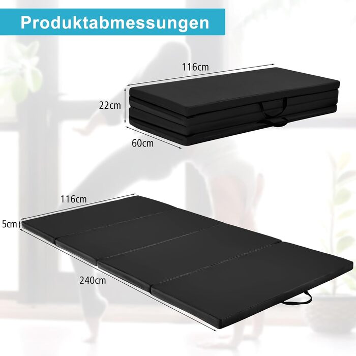 Складаний гімнастичний мат COSTWAY 240x120x5 см чорний, фітнес-мат для йоги та тренувань із ручками і липучками