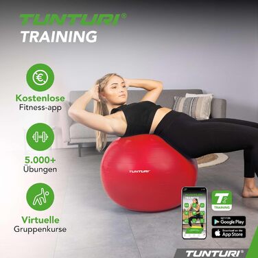 Фітнес-м'яч Tunturi Anti-Burst з насосом, 65 см - для йоги, пілатесу, вагітності, 220 кг, з тренувальним додатком, червоний