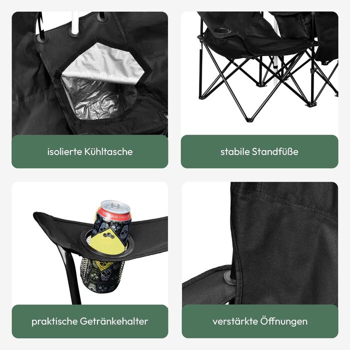 Кемпінговий стілець TRAVORA 2 шт. з сонцезахистом та кишенею для охолодження - складний двомісний стілець для відпочинку та риболовлі, чорний