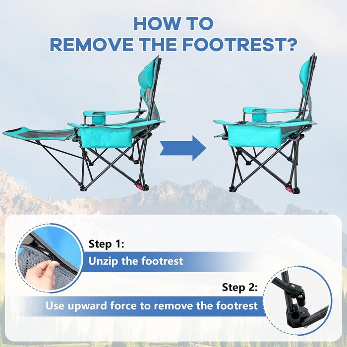 Крісло для кемпінгу Poeopore складне з підставкою для ніг, 4-х секційне, для відпочинку на пляжі та риболовлі, витримує до 120 кг, з кишенькою-холодильником, подушкою та тримачем для напоїв, блакитне