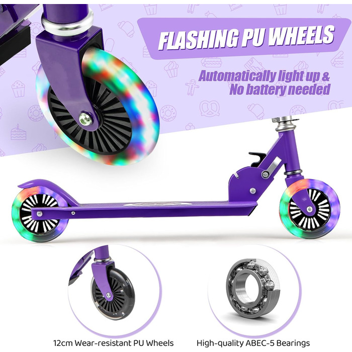 Самокат дитячий Kinder Scooter з LED-колесами, алюмінієвий, складаний, 3 регульовані висоти, до 50 кг, фіолетовий, зі стійкою та ременем безпеки