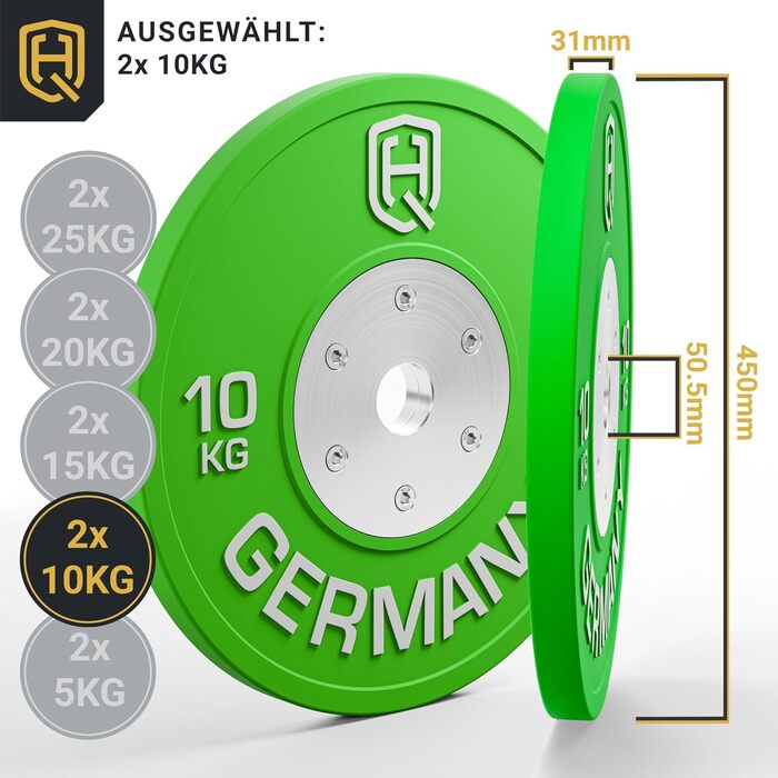 Професійні бамперні диски HQ Germany 10 кг, 50 мм, для штанги, комплект, IWF стандарт, сертифікат REACH, для змагань