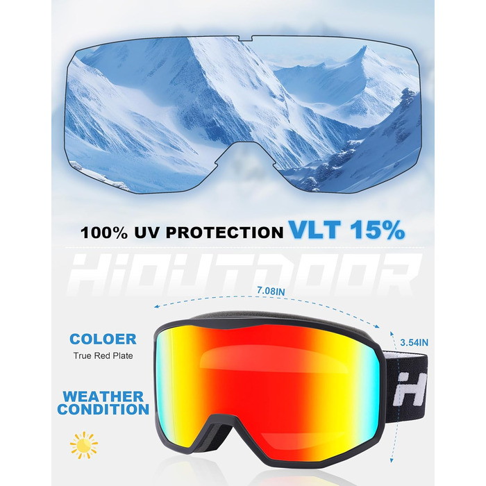 Скі-маска Hioutdoor для сноуборду та гірськолижного спорту: захист 100% від UV, антитуманне покриття, сумісна з шоломом, подвійна лінза, вітрозахист, комфортна підкладка, чорне обрамлення, червона лінза (VLT 15%)