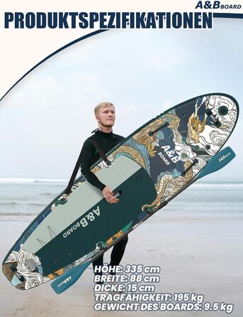 Надувний SUP-борд ABBOARD 335 см для двох осіб, зелений - з преміум аксесуарами, вантажопідйомність 200 кг